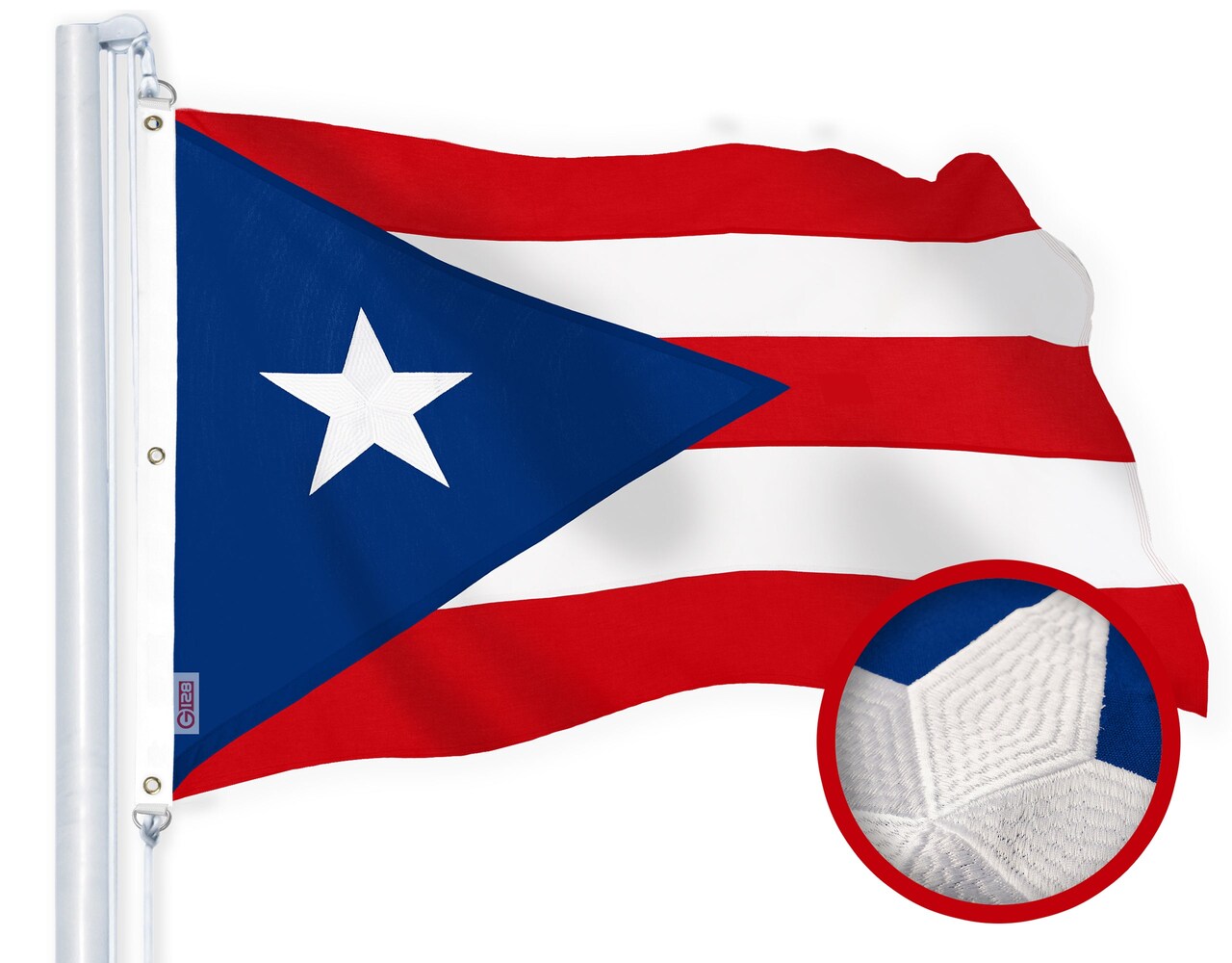 G128 Puerto Rico Puerto Rican Flag | 6x10 Ft | StormFlyer Series Embroidered 220GSM Spun Polyester | Embroidered Design, Indoor/Outdoor, Brass Grommets, Heavy Duty, All Weather